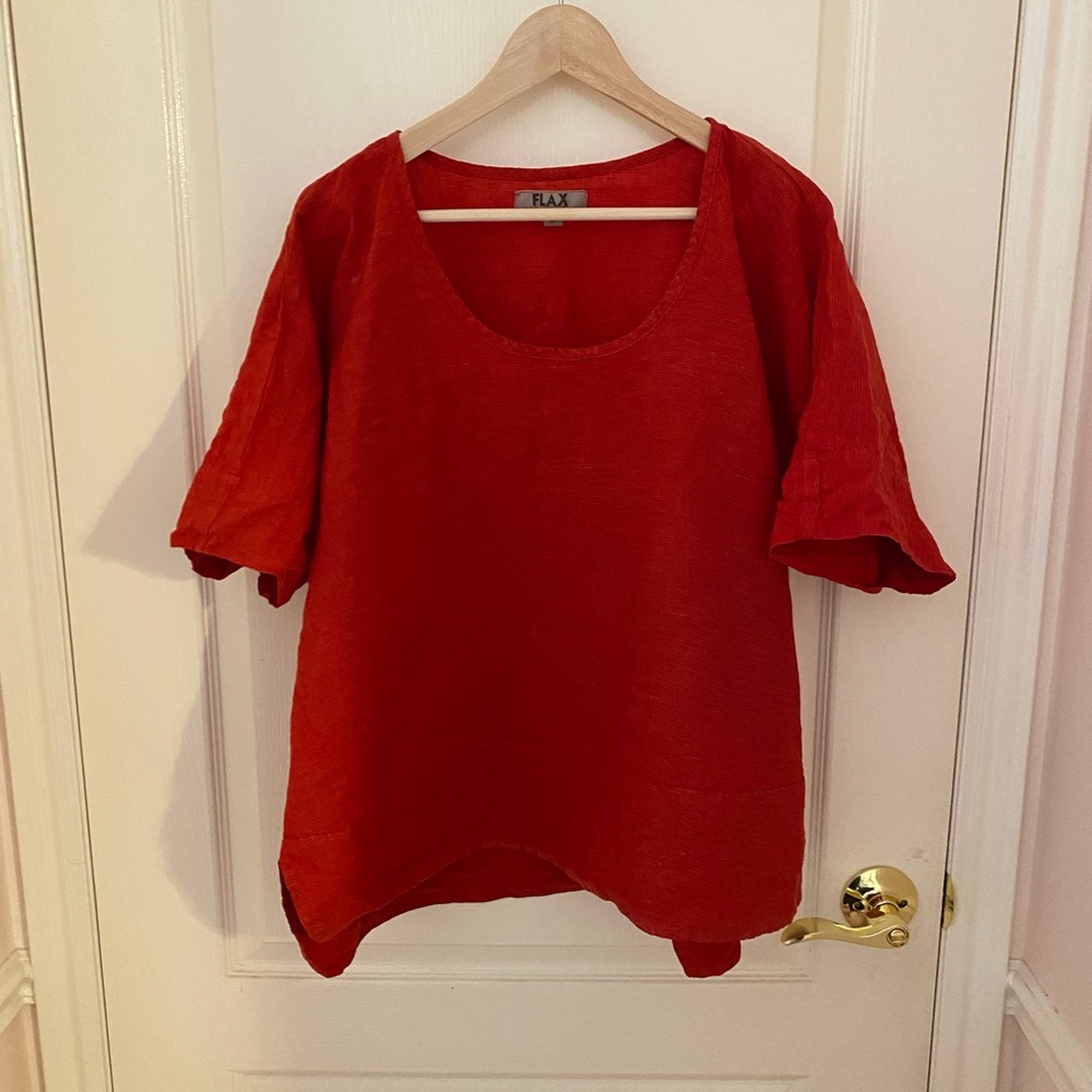 FLAX Red Lagenlook Popover Shirt Top 100% Linen size L